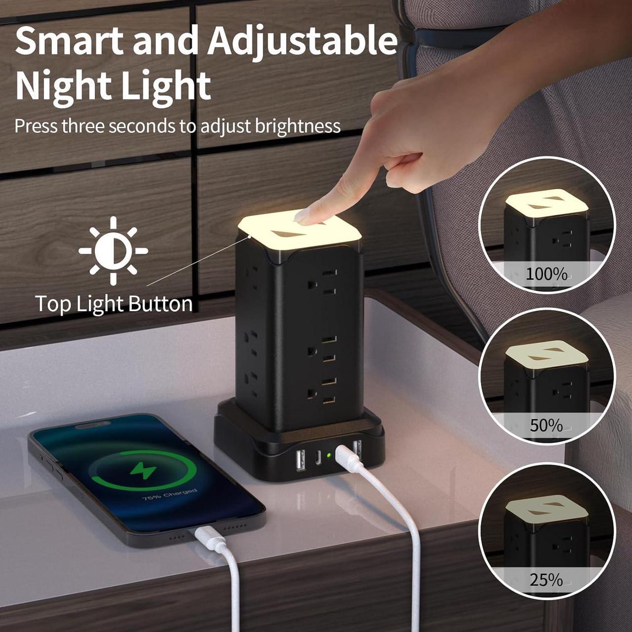 Alt view image 2 of 7 - PD20W USB C Power Strip Tower with Night Light, Surge Protector Power Strip with 4 USB Ports, Extension Cord with Multiple Outlets 6 Feet  Thin Flat Plug for Home Office Dorm Room, Black