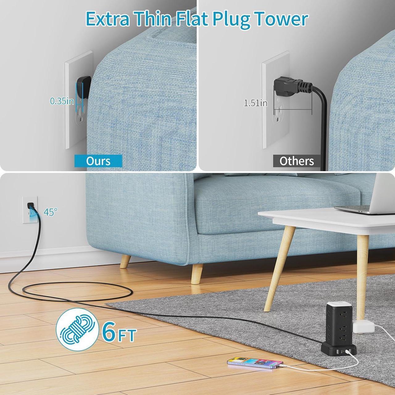 Alt view image 4 of 7 - PD20W USB C Power Strip Tower with Night Light, Surge Protector Power Strip with 4 USB Ports, Extension Cord with Multiple Outlets 6 Feet  Thin Flat Plug for Home Office Dorm Room, Black