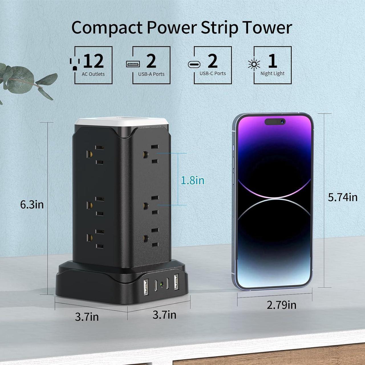 Alt view image 5 of 7 - PD20W USB C Power Strip Tower with Night Light, Surge Protector Power Strip with 4 USB Ports, Extension Cord with Multiple Outlets 6 Feet  Thin Flat Plug for Home Office Dorm Room, Black