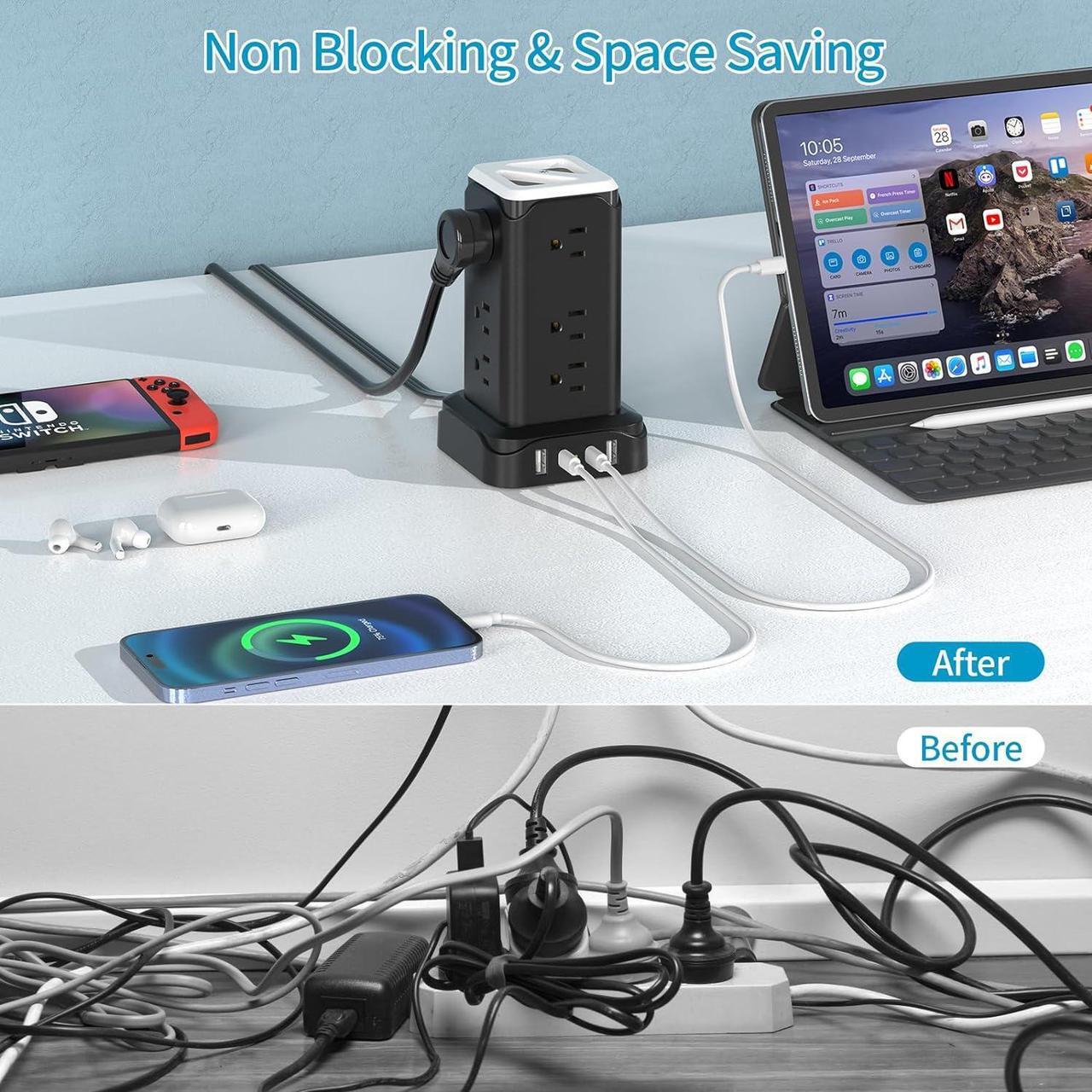 Alt view image 6 of 7 - PD20W USB C Power Strip Tower with Night Light, Surge Protector Power Strip with 4 USB Ports, Extension Cord with Multiple Outlets 6 Feet  Thin Flat Plug for Home Office Dorm Room, Black