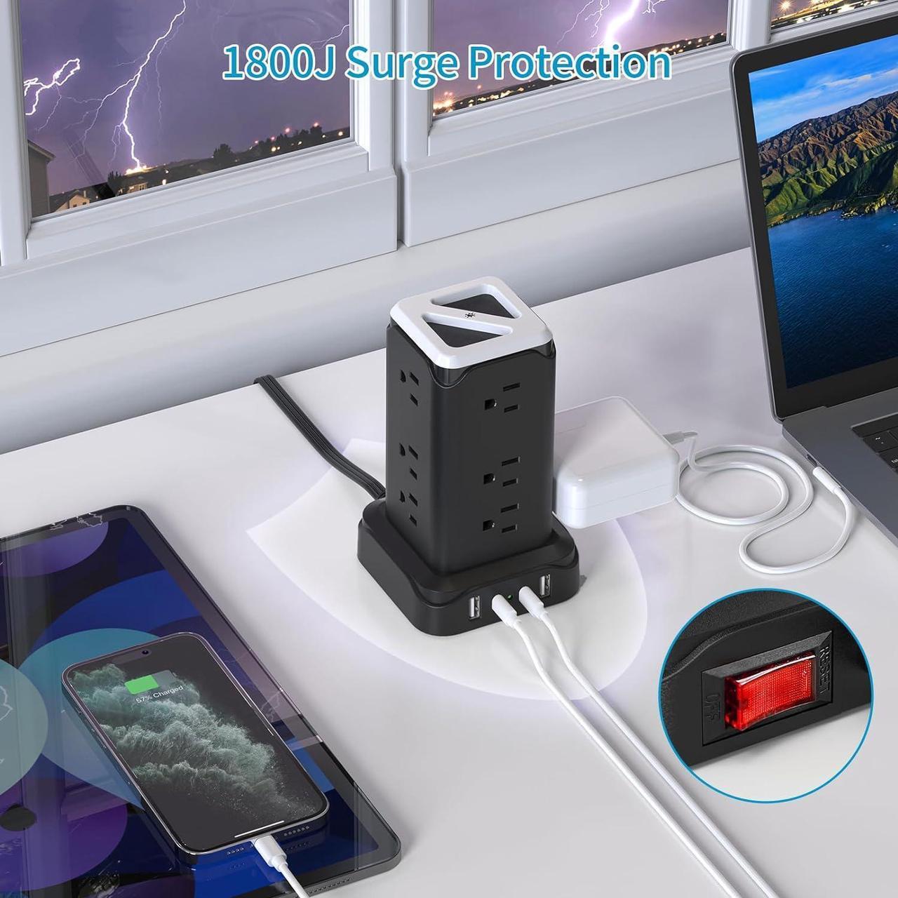 Alt view image 7 of 7 - PD20W USB C Power Strip Tower with Night Light, Surge Protector Power Strip with 4 USB Ports, Extension Cord with Multiple Outlets 6 Feet  Thin Flat Plug for Home Office Dorm Room, Black