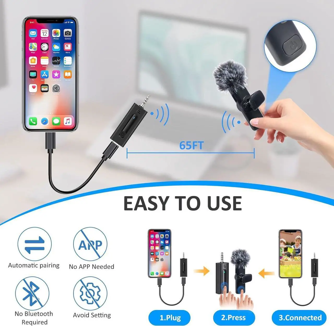 Alt view image 2 of 7 - 2 Pack Wireless Microphones for Camera/GoPro/iPhone/Android Phone/Laptop/Computer, Plug-Play 2.4GHz Wireless Lavalier Microphone for Video Recording, Interview, Vlogging