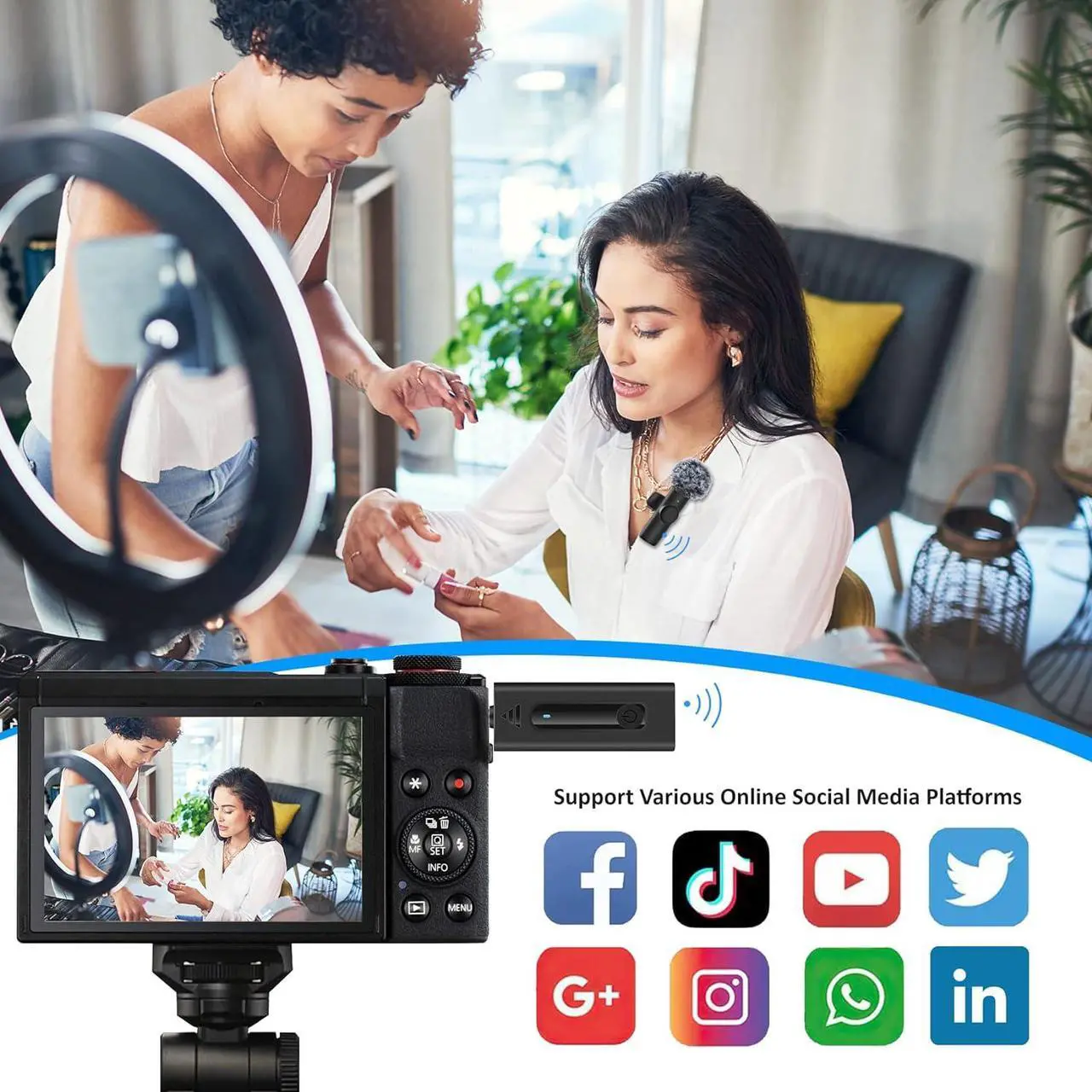 Alt view image 6 of 7 - 2 Pack Wireless Microphones for Camera/GoPro/iPhone/Android Phone/Laptop/Computer, Plug-Play 2.4GHz Wireless Lavalier Microphone for Video Recording, Interview, Vlogging