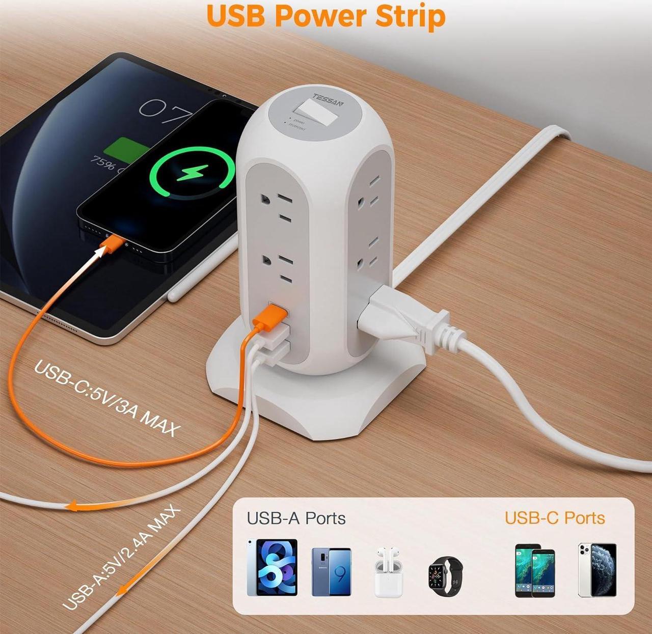 Alt view image 5 of 6 - Surge Protector Power Strip Tower 10 Ft, Flat Plug Extension Cord with 11 AC Outlets 3 USB Ports (1 USB C), 1050J Protection Charging Station for Home, Office Supplies, Dorm Room Essentials