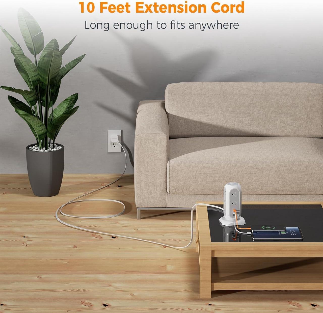 Alt view image 2 of 6 - Surge Protector Power Strip Tower 10 Ft, Flat Plug Extension Cord with 11 AC Outlets 3 USB Ports (1 USB C), 1050J Protection Charging Station for Home, Office Supplies, Dorm Room Essentials