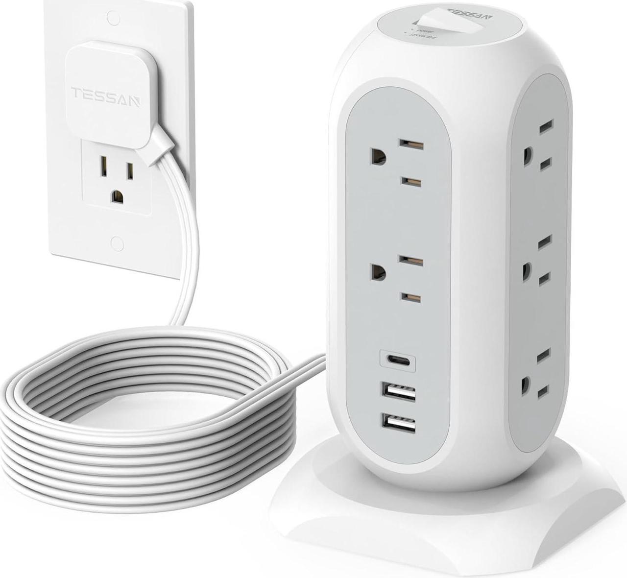 Main image of Surge Protector Power Strip Tower 10 Ft, Flat Plug Extension Cord with 11 AC Outlets 3 USB Ports (1 USB C), 1050J Protection Charging Station for Home, Office Supplies, Dorm Room Essentials