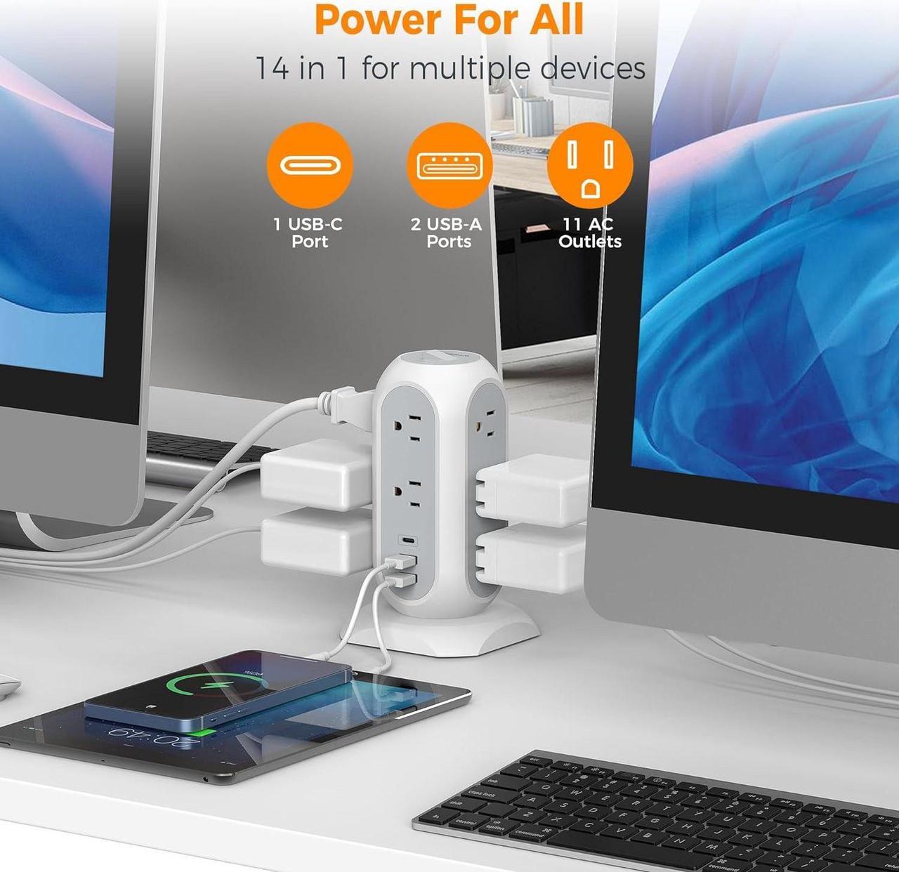 Alt view image 3 of 6 - Surge Protector Power Strip Tower 10 Ft, Flat Plug Extension Cord with 11 AC Outlets 3 USB Ports (1 USB C), 1050J Protection Charging Station for Home, Office Supplies, Dorm Room Essentials