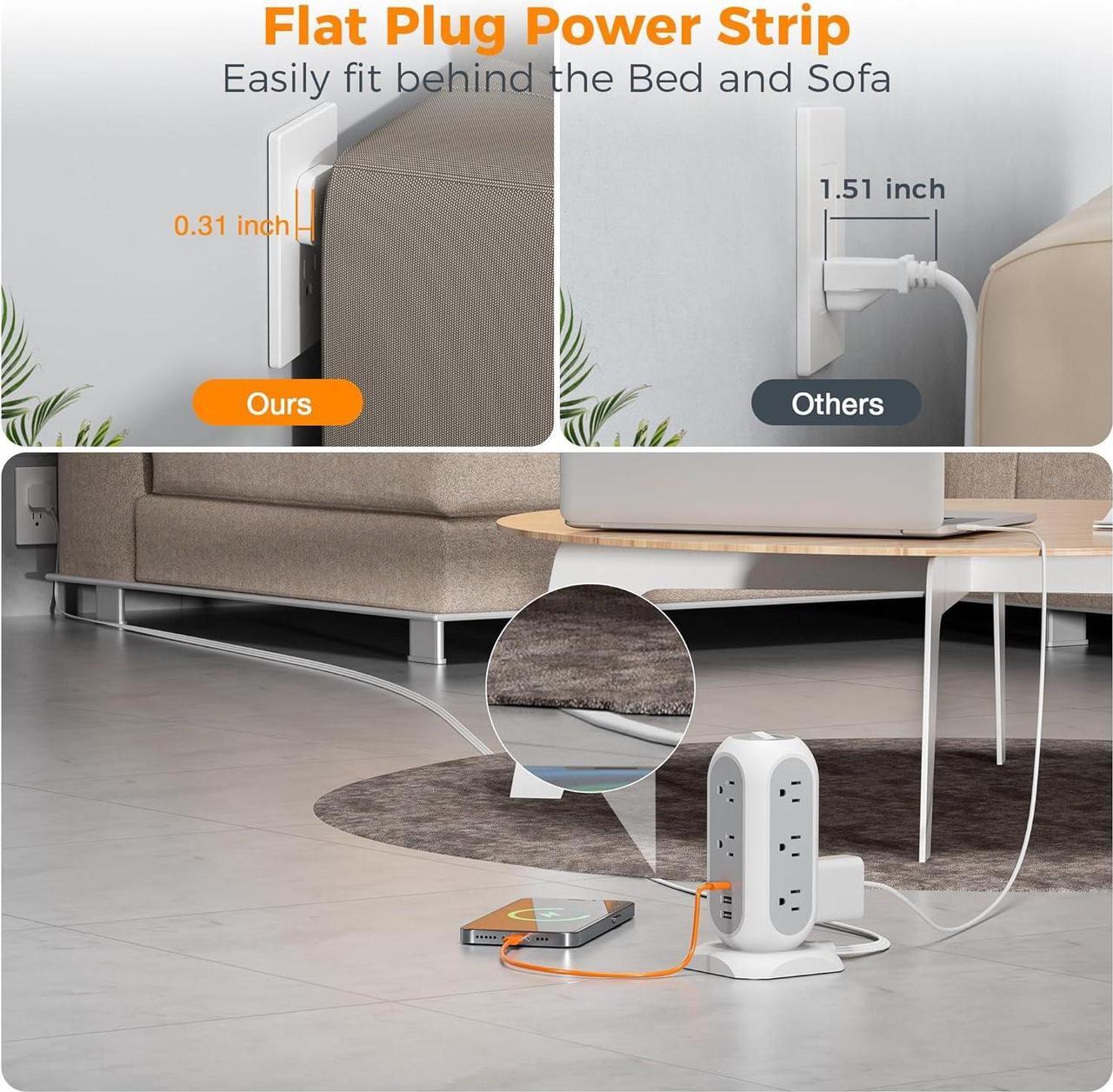 Alt view image 4 of 6 - Surge Protector Power Strip Tower 10 Ft, Flat Plug Extension Cord with 11 AC Outlets 3 USB Ports (1 USB C), 1050J Protection Charging Station for Home, Office Supplies, Dorm Room Essentials