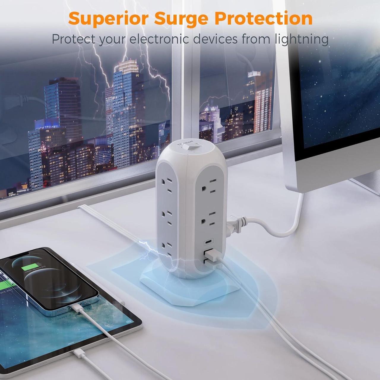 Alt view image 6 of 6 - Surge Protector Power Strip Tower 10 Ft, Flat Plug Extension Cord with 11 AC Outlets 3 USB Ports (1 USB C), 1050J Protection Charging Station for Home, Office Supplies, Dorm Room Essentials
