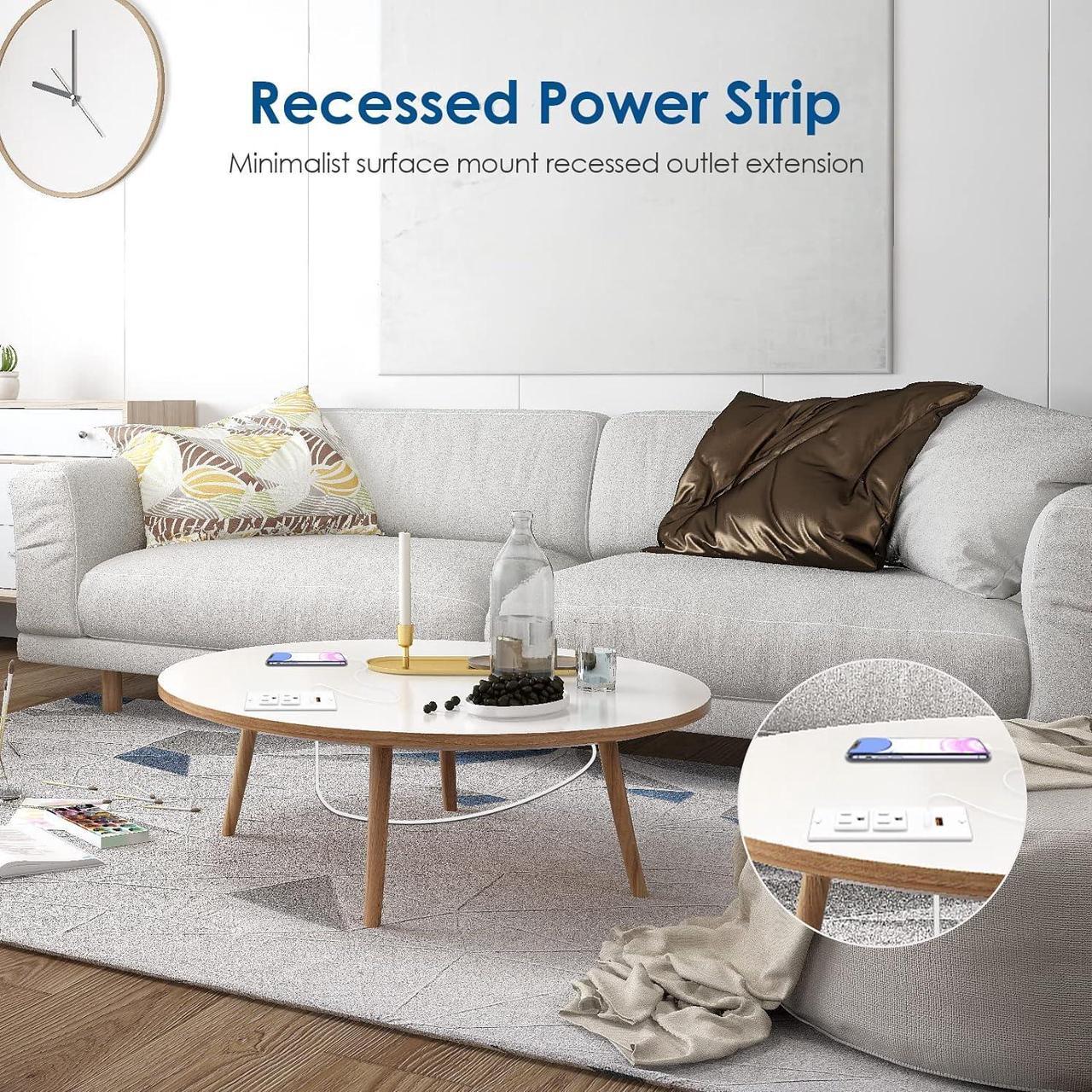 Alt view image 5 of 7 - Recessed Power Strip USB C PD 30W Fast Charging,Flush Mount Desk Recessed Outlet,Space-Saver for Furniture Side Table,2 USB Ports,2 AC Outlets,6ft Cord,Ultra Thin Flat Plug White