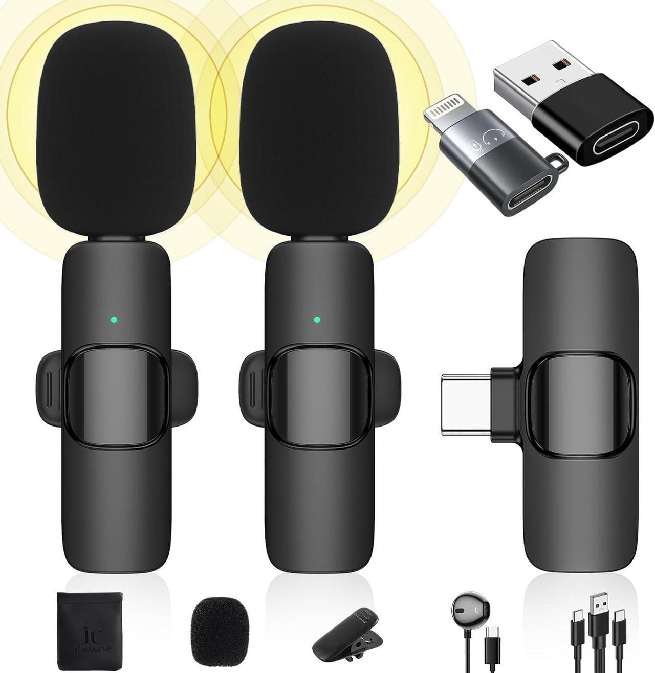 Main image of Wireless Lavalier Microphone Compatible with iPhone/iPad/Android Phone/Laptop, IUMAKEVP Plug-Play Lapel Clip-On Mic with Noise Reduction for Video Recording/Live Steam/Interview/TikTok/YouTube(2 Mics)