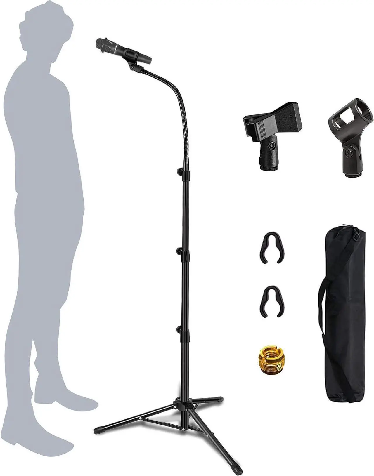 Main image of Mic Stand Boom Microphone Stands Tripod Gooseneck mic arm stand Height Adjustable 3'- 6' with Mic Clips and 3/8" - 5/8" Adapter Microphone stand for Singing