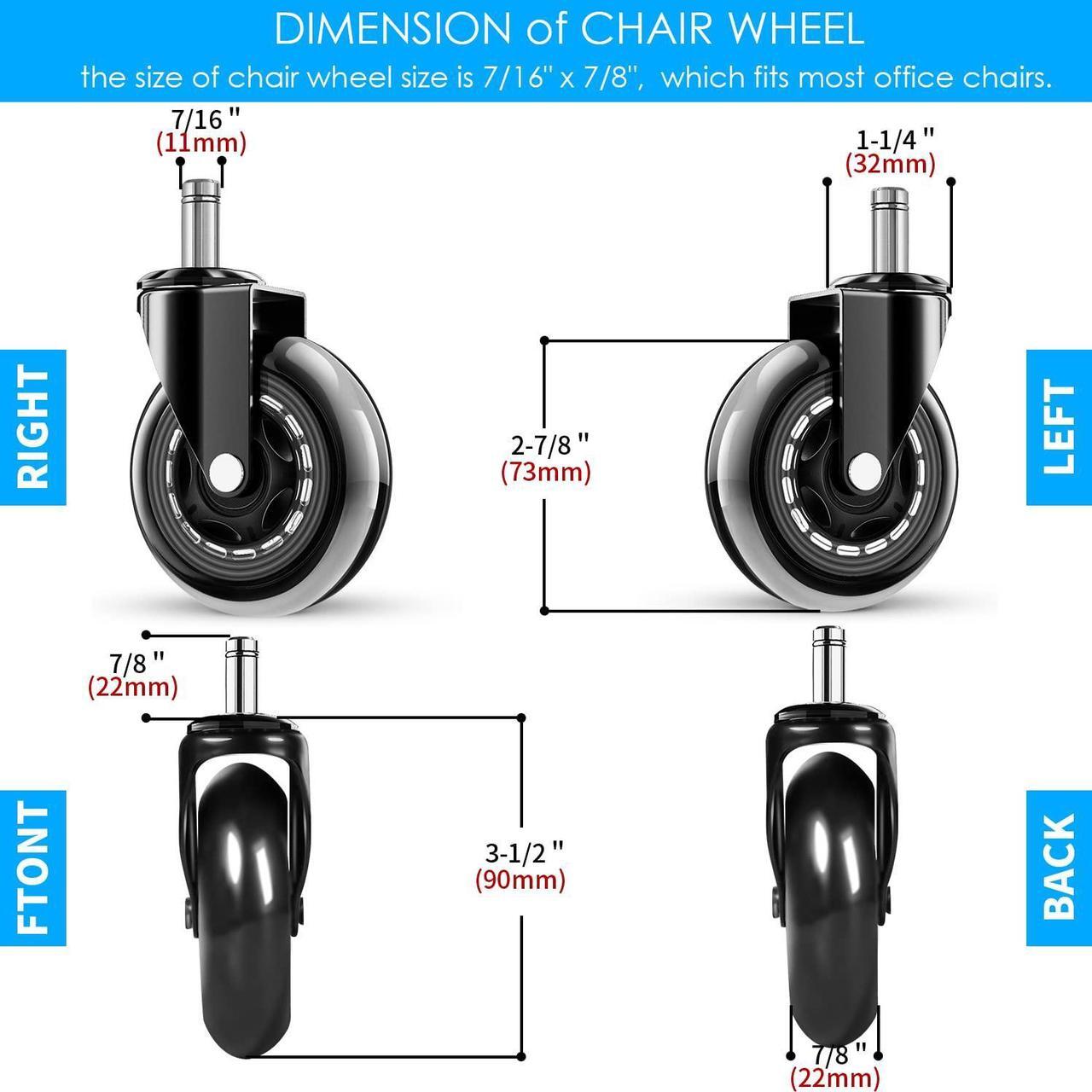 Alt view image 6 of 6 - Office Chair Wheels - Replacement Rubber Wheels - Universal Fit 3 Inch Chair Casters, Heavy-Duty Chair Wheels, Noise Free, Fits 98% Chair, for All Floor (5)