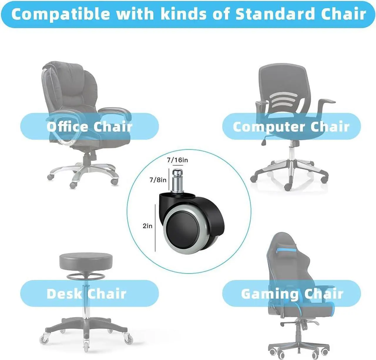 Alt view image 4 of 7 - Office Chair Caster Wheels Replacement(Set of 5) for Hardwood Floors and Carpet- Heavy Duty Caster Support up to 1000bls, Office Chair Wheels,2 inch,Universal Size (Grey)