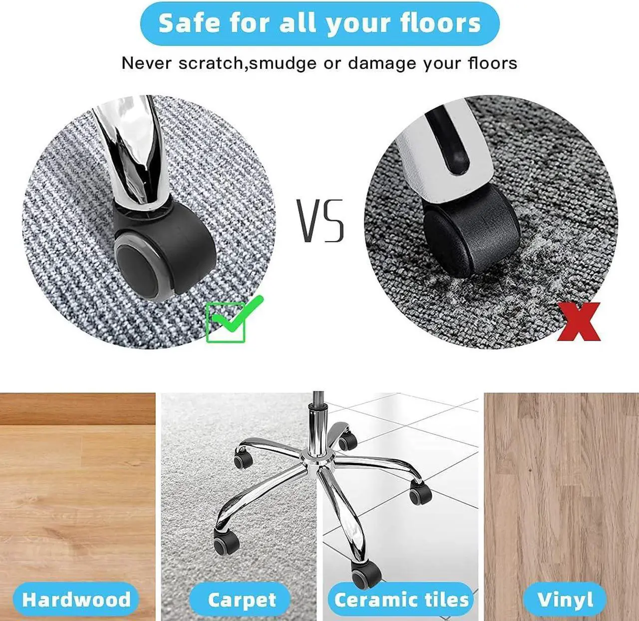 Alt view image 3 of 7 - Office Chair Caster Wheels Replacement(Set of 5) for Hardwood Floors and Carpet- Heavy Duty Caster Support up to 1000bls, Office Chair Wheels,2 inch,Universal Size (Grey)