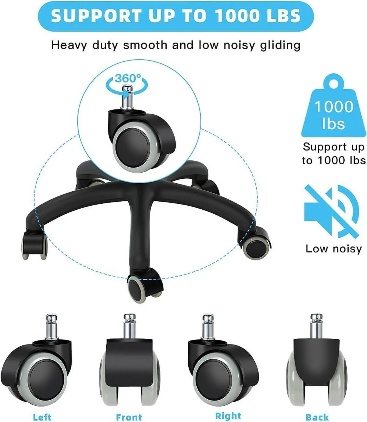Alt view image 2 of 7 - Office Chair Caster Wheels Replacement(Set of 5) for Hardwood Floors and Carpet- Heavy Duty Caster Support up to 1000bls, Office Chair Wheels,2 inch,Universal Size (Grey)