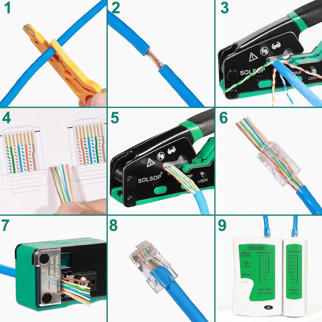 Alt view image 7 of 7 - RJ45 Crimp Tool Kit Pass Through Cat6 Crimping Tool For Cat5 Cat5e Cat6 8P8C Connector, All-in-one Ethernet Crimper and Lan Tester