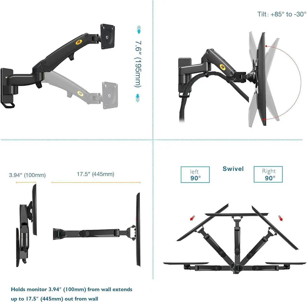 Alt view image 5 of 6 - TV Monitor Wall Mount Bracket Full Motion Articulating Swivel for 17-35" Monitors (Load Capacity from 4.4 to 22lbs) Double Extension