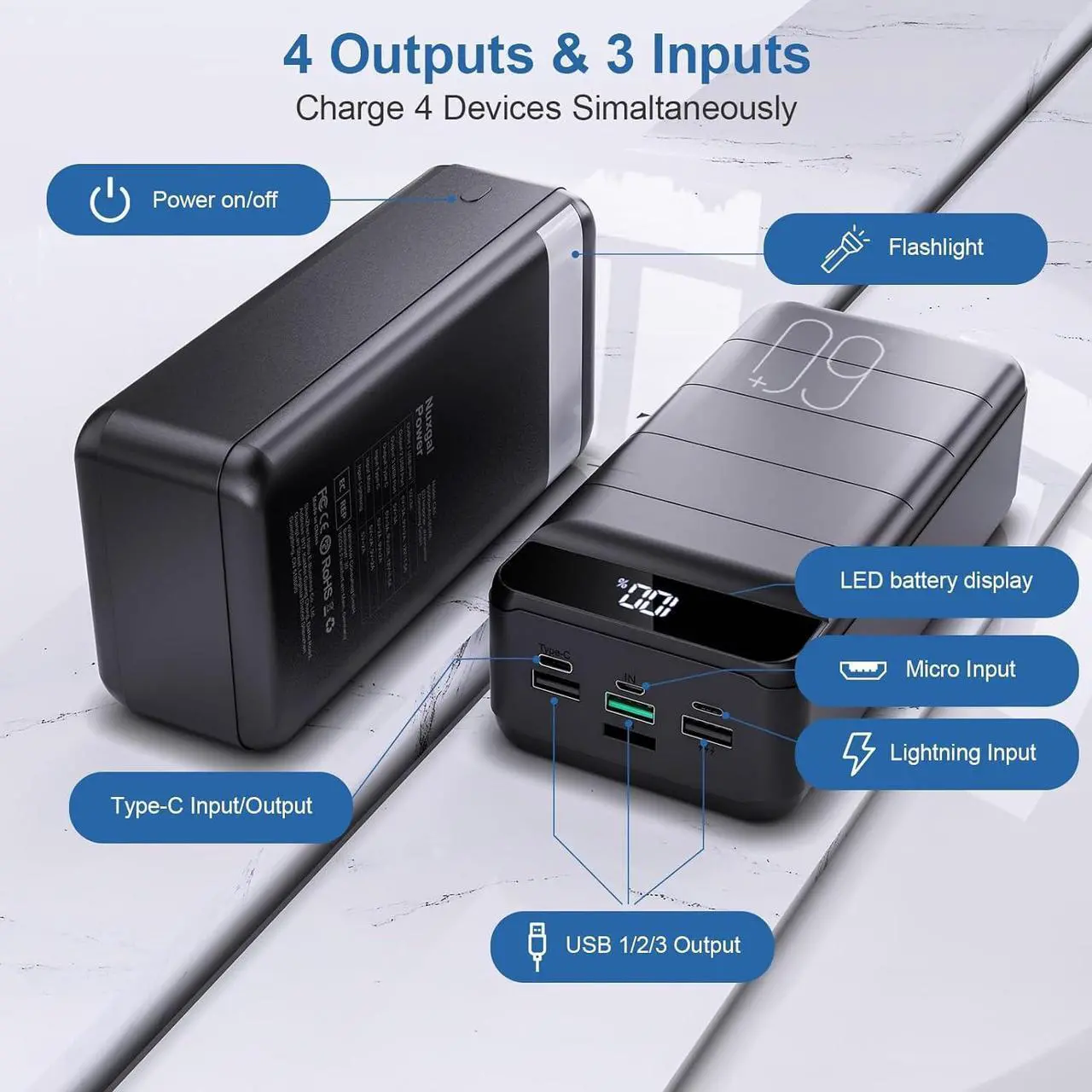 Alt view image 3 of 6 - Portable Charger Power Bank 60000mAh Fast Charging 22.5W PD4.0 & QC 4.0 with USB C Battery Pack Charger Portable High Capacity Portable Phone Charger Power Bank for iPhone, Samsung, Galaxy, Travel