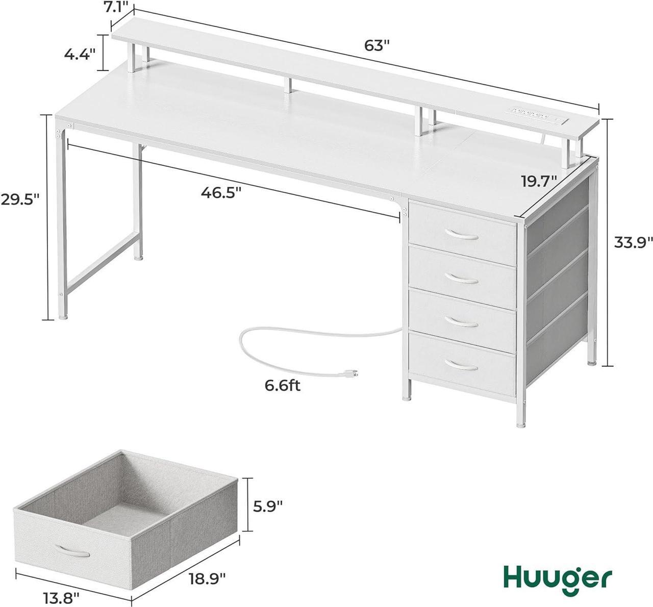 Alt view image 2 of 7 - 63" Computer Desk with Power Outlets and LED Lights, 63 Inches Gaming Desk with 4 Drawers, Office Desk with Monitor Stand, Study Desk Work Desk for Home Office, Small Spaces, White