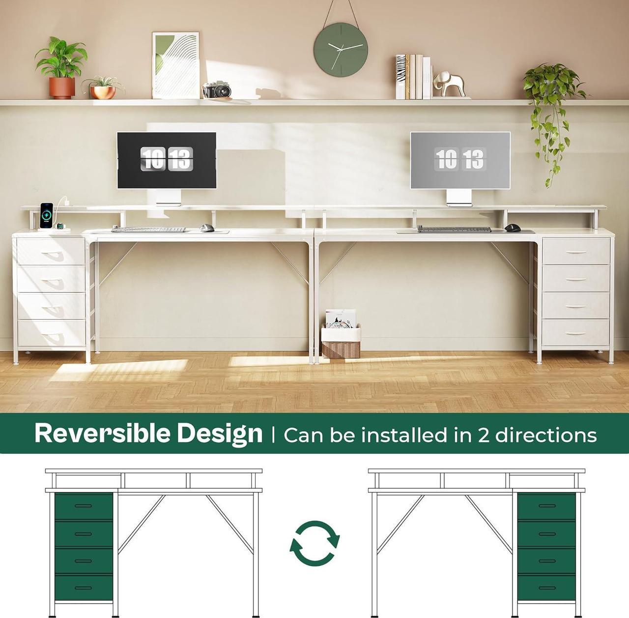 Alt view image 6 of 7 - 63" Computer Desk with Power Outlets and LED Lights, 63 Inches Gaming Desk with 4 Drawers, Office Desk with Monitor Stand, Study Desk Work Desk for Home Office, Small Spaces, White
