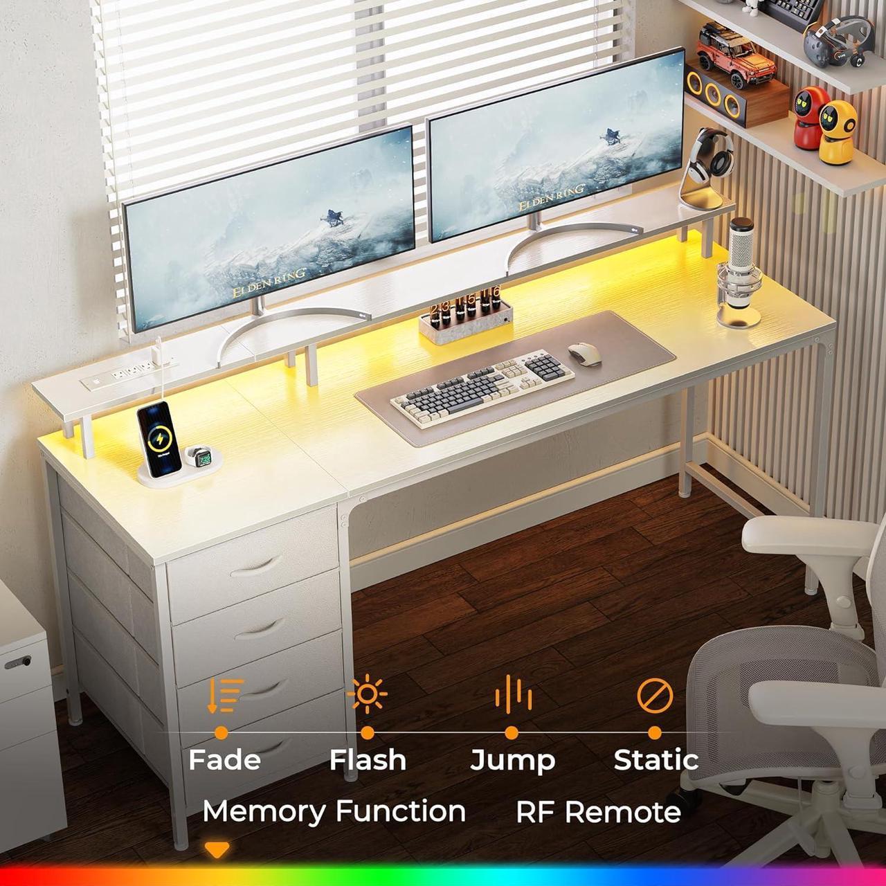 Alt view image 3 of 7 - 63" Computer Desk with Power Outlets and LED Lights, 63 Inches Gaming Desk with 4 Drawers, Office Desk with Monitor Stand, Study Desk Work Desk for Home Office, Small Spaces, White