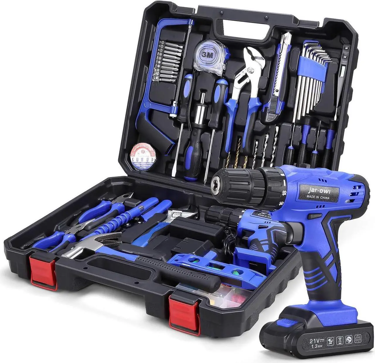 Main image of 112 Piece Power Tool Combo Kits with 21V Cordless Drill, Professional Household Home Tool Kit Set with DIY Hand Tool Kits for Garden Office House Repair Maintain-Blue