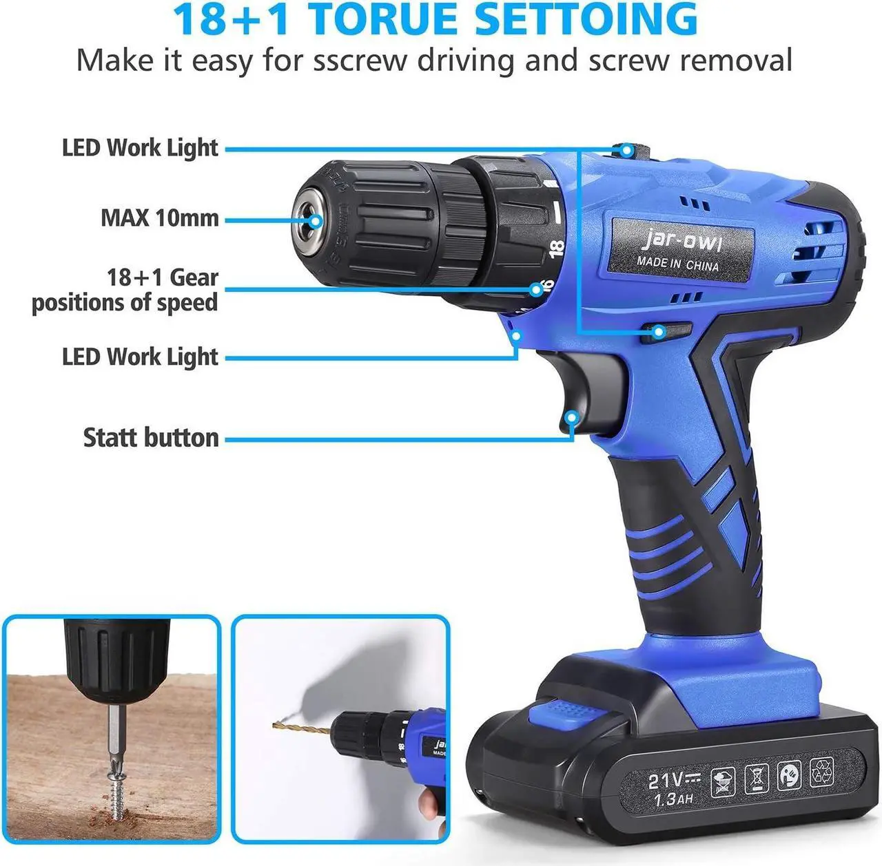 Alt view image 3 of 6 - 112 Piece Power Tool Combo Kits with 21V Cordless Drill, Professional Household Home Tool Kit Set with DIY Hand Tool Kits for Garden Office House Repair Maintain-Blue