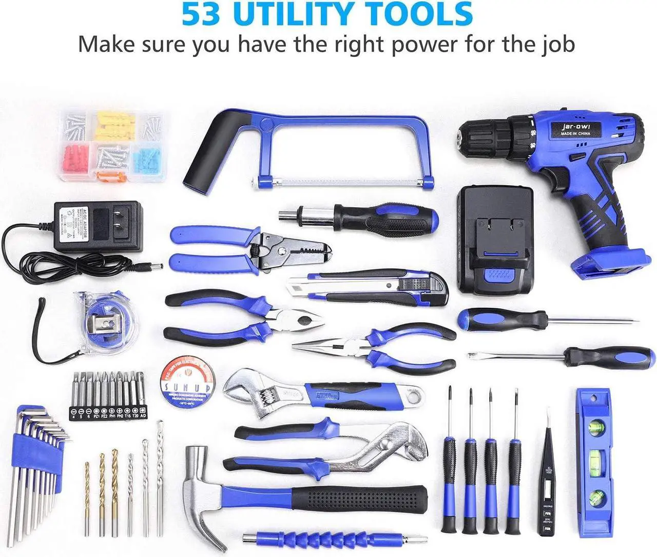 Alt view image 2 of 6 - 112 Piece Power Tool Combo Kits with 21V Cordless Drill, Professional Household Home Tool Kit Set with DIY Hand Tool Kits for Garden Office House Repair Maintain-Blue