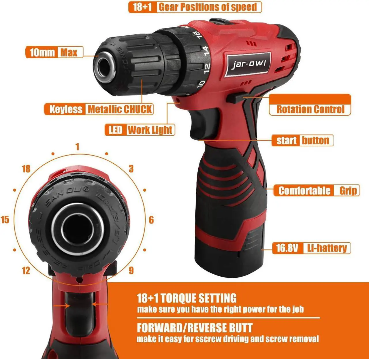 Alt view image 3 of 6 - 108 Piece Power Tool Combo Kits with 16.8V Cordless Drill, Household Tools Set with DIY Hand Tool Kits for Professional Garden Office Home Repair Maintain-Black/Red