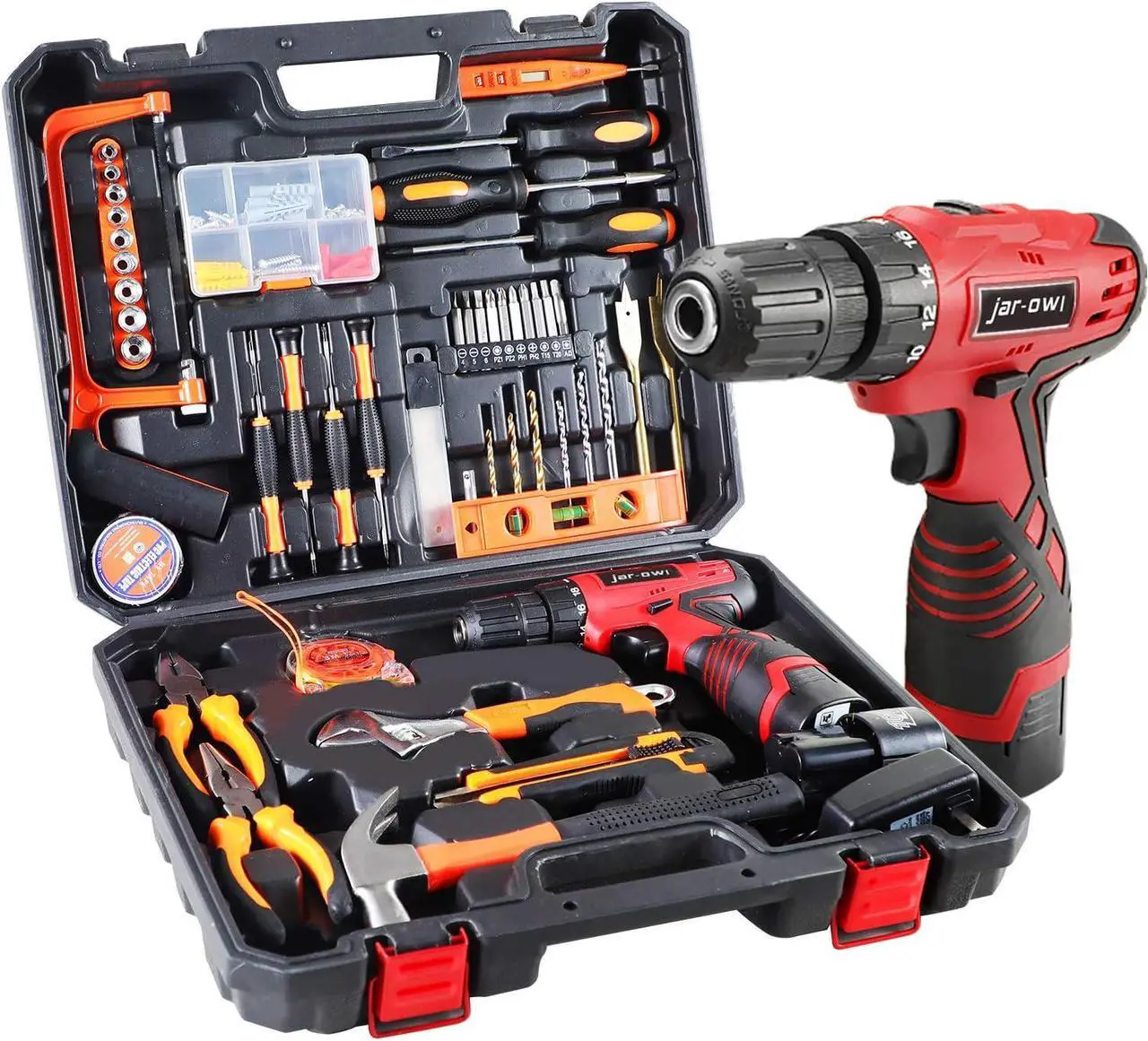Main image of 108 Piece Power Tool Combo Kits with 16.8V Cordless Drill, Household Tools Set with DIY Hand Tool Kits for Professional Garden Office Home Repair Maintain-Black/Red