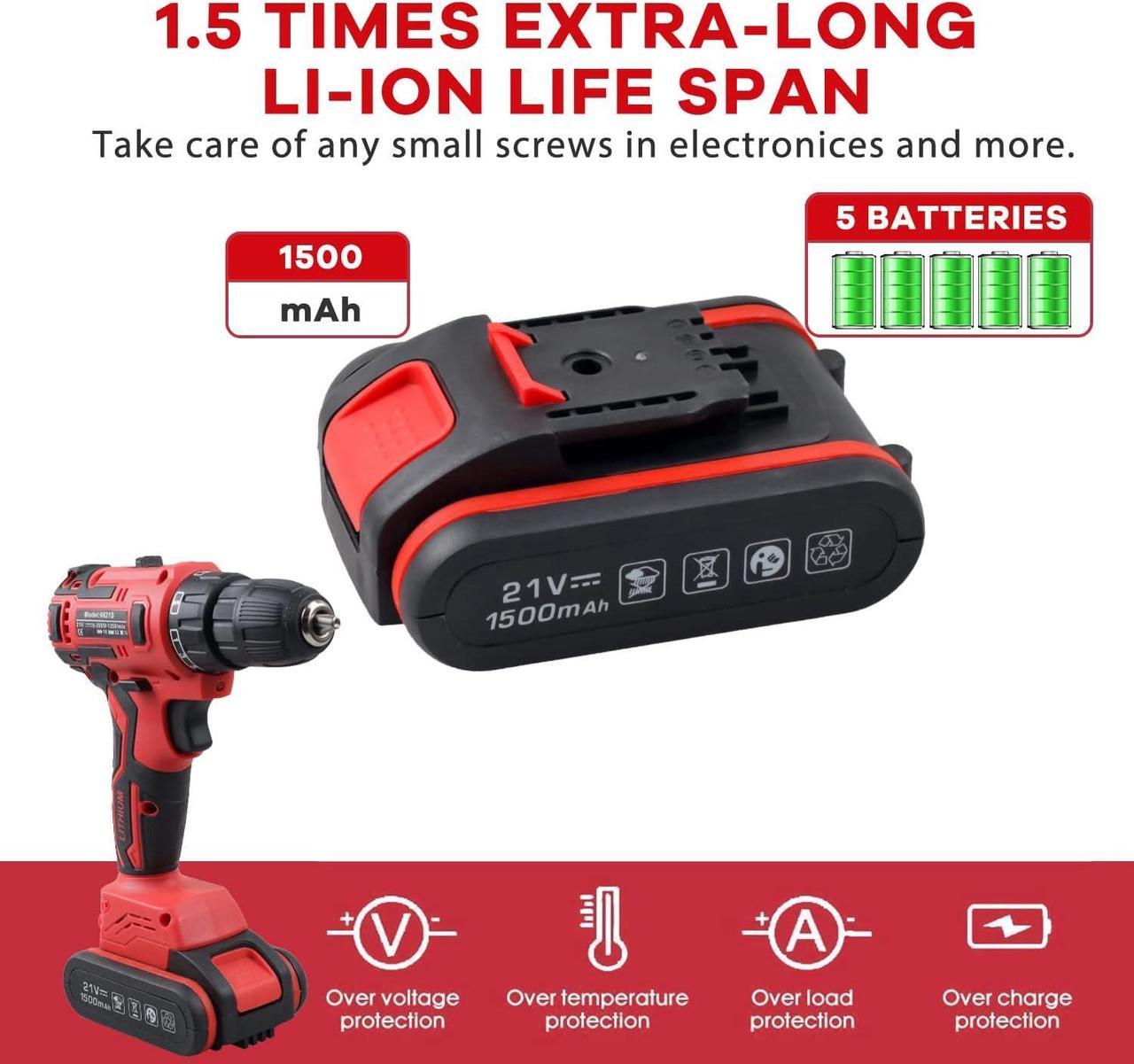 Alt view image 2 of 7 - 21V Powerful Brushless Motor, 319 In-lb Torque, 0-1350RMP Variable Speed, 10MM 3/8'' Keyless Chuck, 25+1 Clutch, 1.5Ah Li-Ion Battery & Charger for Home Tool Kit