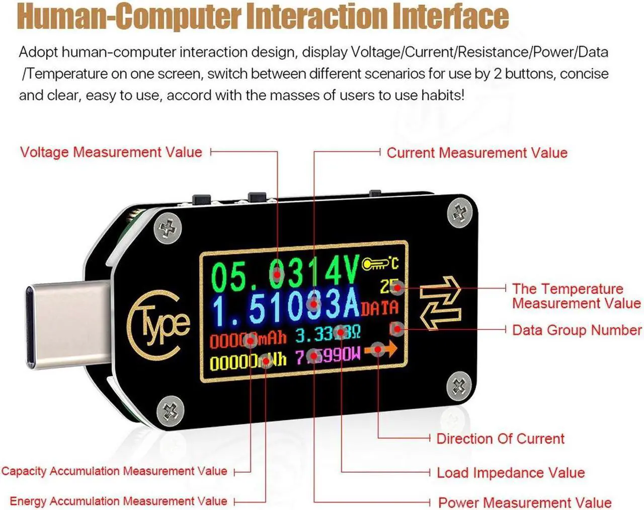 Alt view image 3 of 7 - USB Tester Bluetooth USB C Power Meter USB Voltage Meter Type-C Current and Voltage Monitor, USB Safety Tester, PD Battery Capacity Meter, Digital Color LCD Display Multimeter
