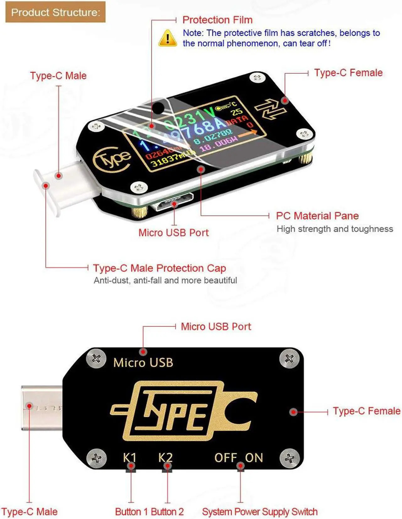 Alt view image 2 of 7 - USB Tester Bluetooth USB C Power Meter USB Voltage Meter Type-C Current and Voltage Monitor, USB Safety Tester, PD Battery Capacity Meter, Digital Color LCD Display Multimeter