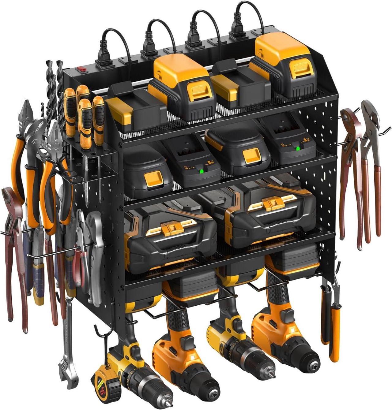 Main image of Modular Pegboard Rack Power Tool Organizer with Charging Station. 4 Layer Wall Mount Drill Holder, Mechanic Tool Battery Charger Organizer. Garage Shop Storage Utility Shelf with Power Strip.