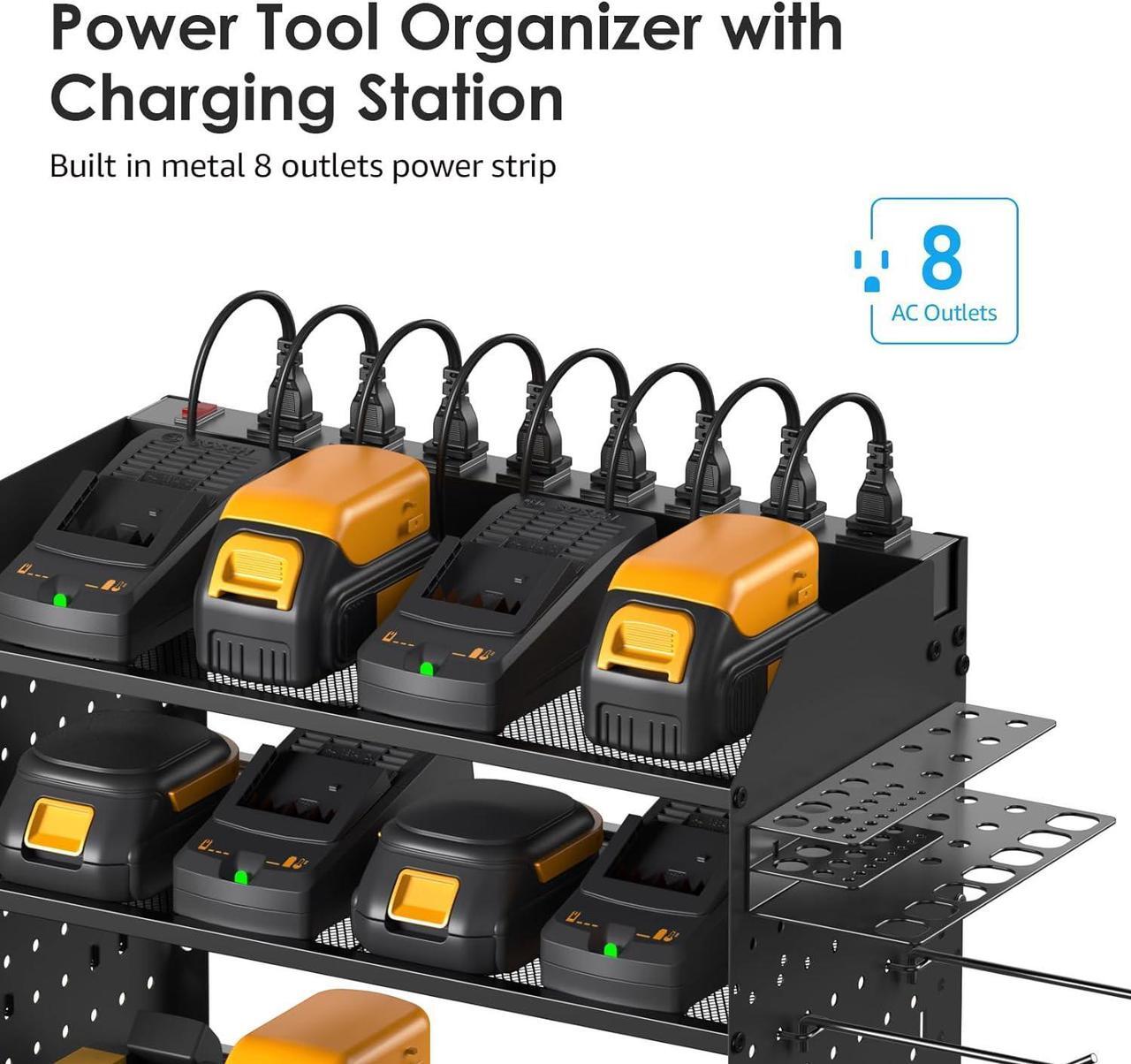 Alt view image 2 of 7 - Modular Pegboard Rack Power Tool Organizer with Charging Station. 4 Layer Wall Mount Drill Holder, Mechanic Tool Battery Charger Organizer. Garage Shop Storage Utility Shelf with Power Strip.
