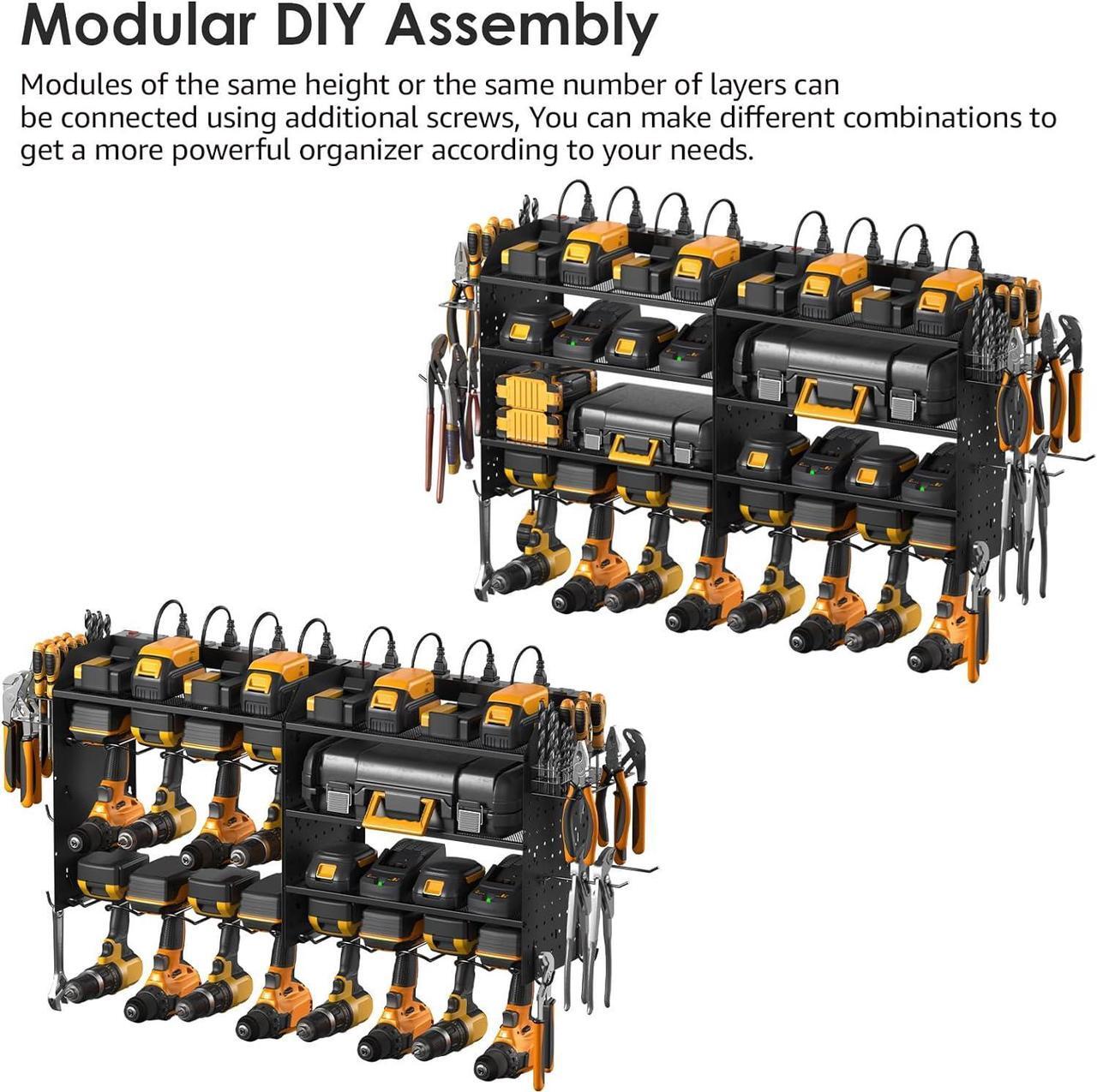 Alt view image 7 of 7 - Modular Pegboard Rack Power Tool Organizer with Charging Station. 4 Layer Wall Mount Drill Holder, Mechanic Tool Battery Charger Organizer. Garage Shop Storage Utility Shelf with Power Strip.