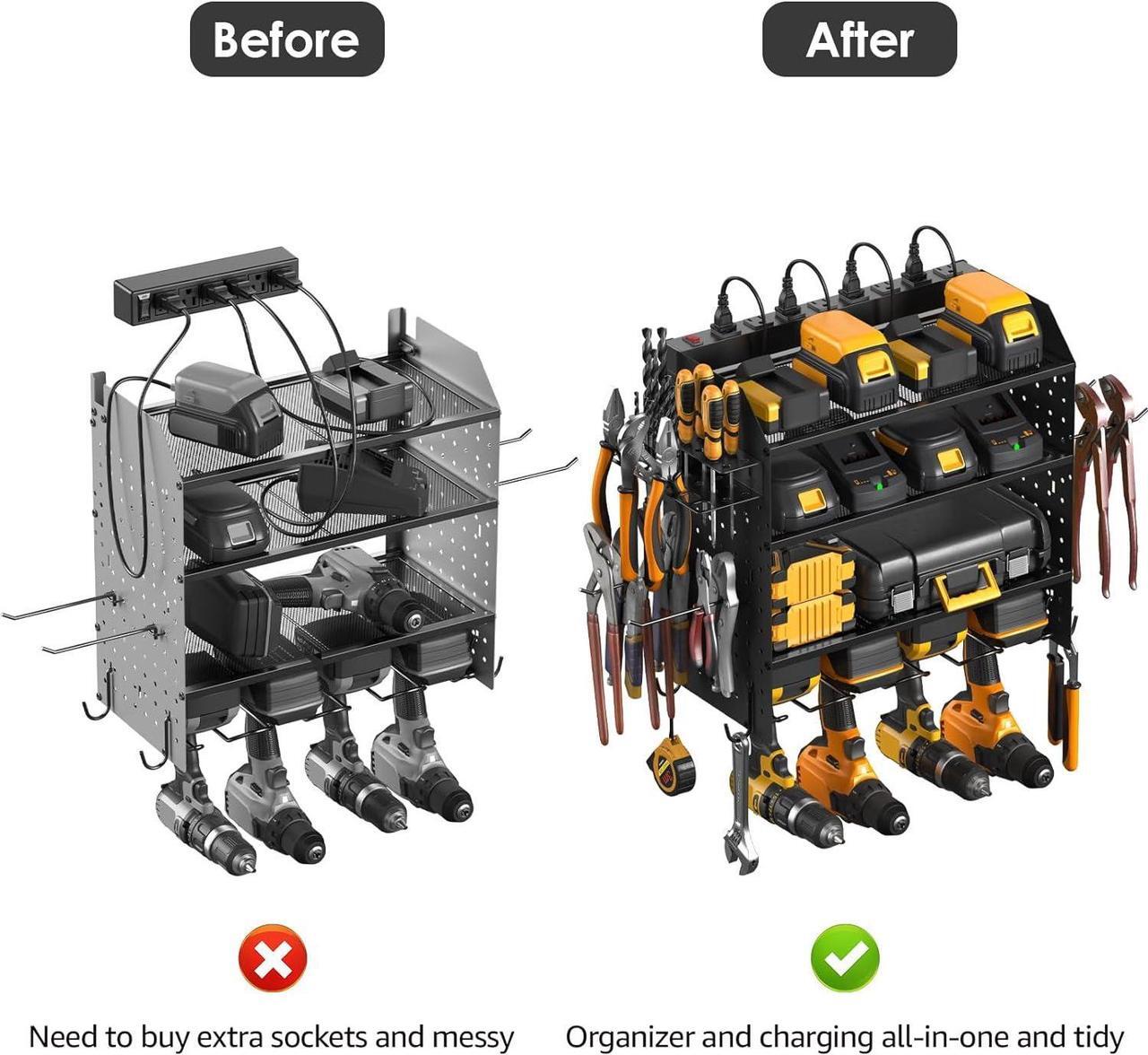Alt view image 3 of 7 - Modular Pegboard Rack Power Tool Organizer with Charging Station. 4 Layer Wall Mount Drill Holder, Mechanic Tool Battery Charger Organizer. Garage Shop Storage Utility Shelf with Power Strip.