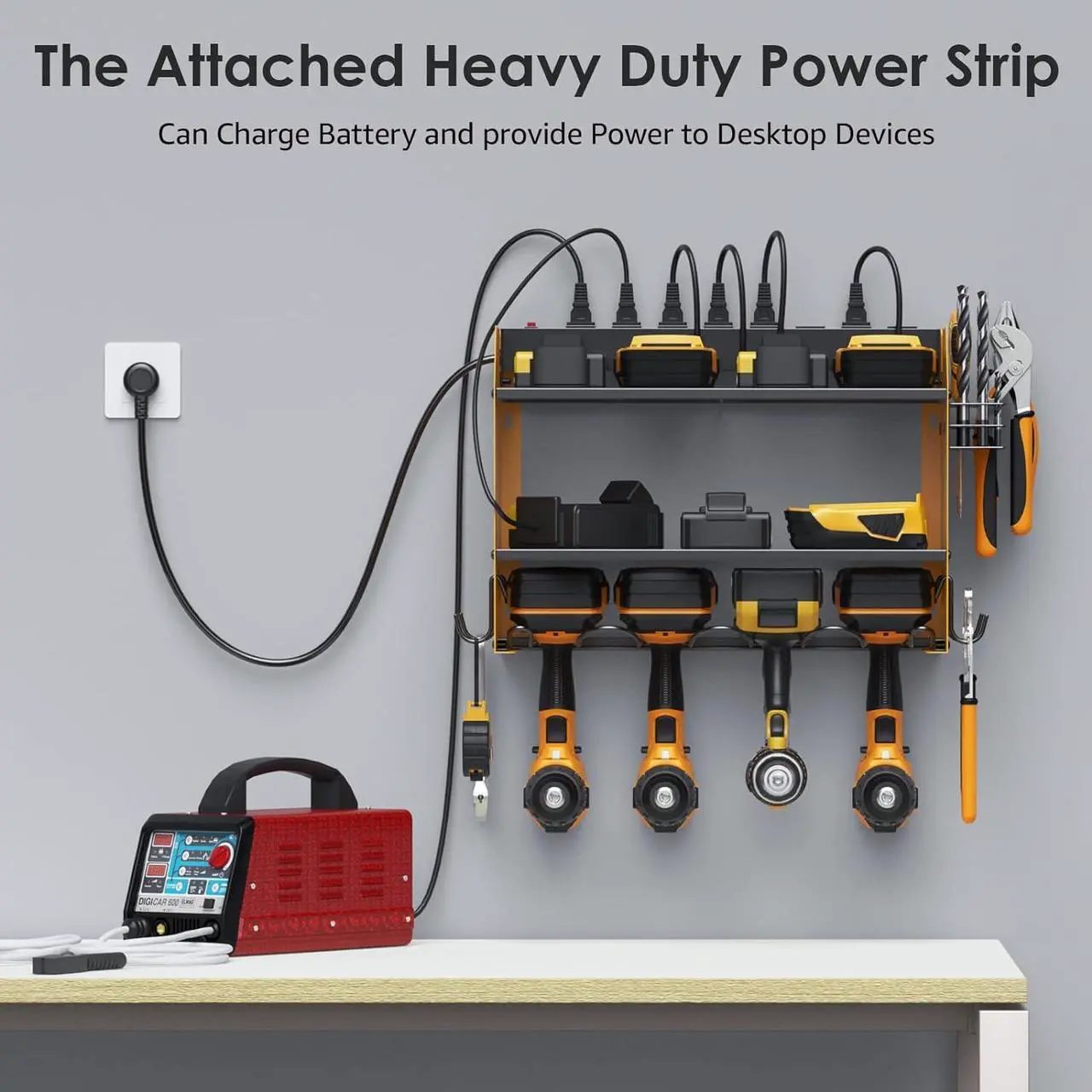Alt view image 3 of 7 - Modular Power Tool Organizer Wall Mount with Charging Station. Garage 4 Drill Storage Shelf with Hooks, Screwdriver, Drill Bit Heavy Duty Rack, Tool Battery Holder Built in 8 Outlet Power Strip.
