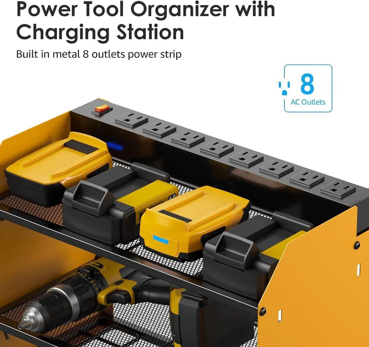 Alt view image 2 of 7 - Modular Power Tool Organizer Wall Mount with Charging Station. Garage 4 Drill Storage Shelf with Hooks, Screwdriver, Drill Bit Heavy Duty Rack, Tool Battery Holder Built in 8 Outlet Power Strip.