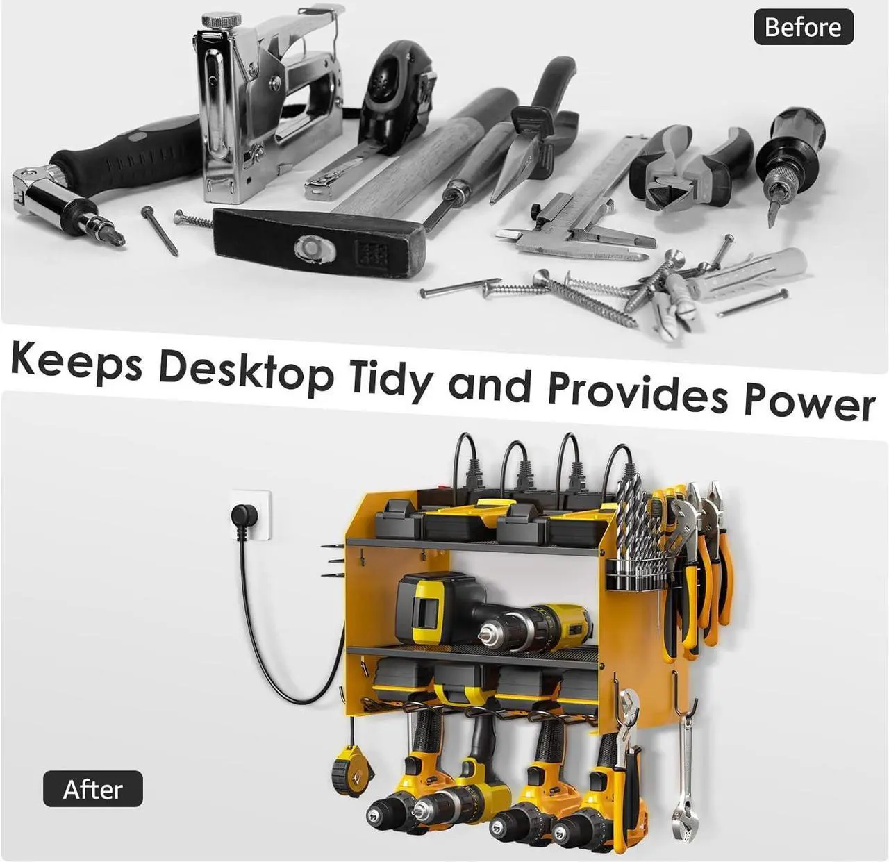 Alt view image 4 of 7 - Modular Power Tool Organizer Wall Mount with Charging Station. Garage 4 Drill Storage Shelf with Hooks, Screwdriver, Drill Bit Heavy Duty Rack, Tool Battery Holder Built in 8 Outlet Power Strip.