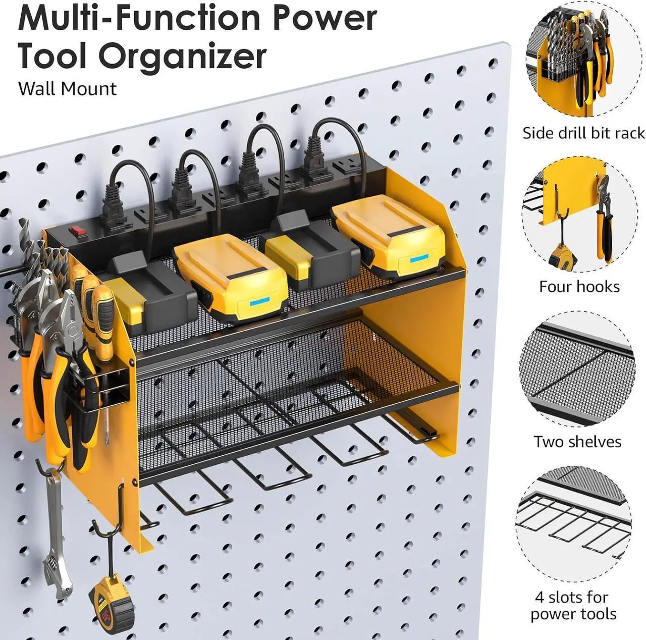Alt view image 5 of 7 - Modular Power Tool Organizer Wall Mount with Charging Station. Garage 4 Drill Storage Shelf with Hooks, Screwdriver, Drill Bit Heavy Duty Rack, Tool Battery Holder Built in 8 Outlet Power Strip.
