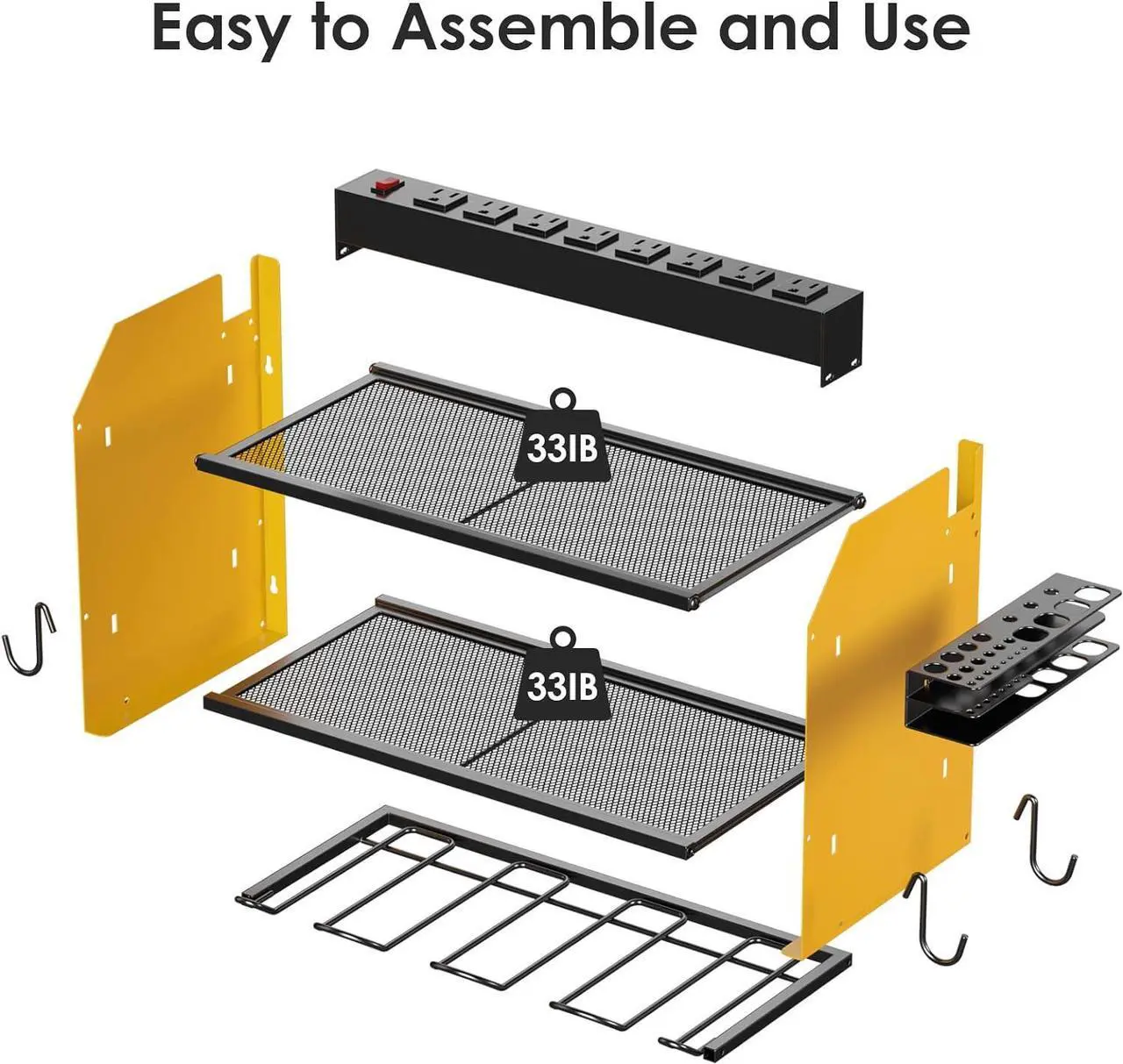 Alt view image 7 of 7 - Modular Power Tool Organizer Wall Mount with Charging Station. Garage 4 Drill Storage Shelf with Hooks, Screwdriver, Drill Bit Heavy Duty Rack, Tool Battery Holder Built in 8 Outlet Power Strip.