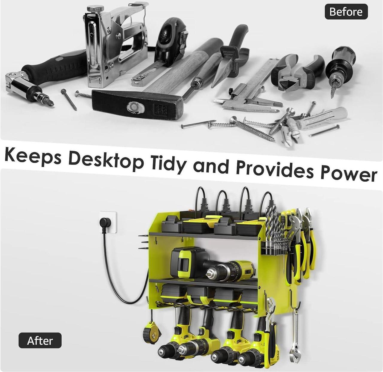 Alt view image 4 of 7 - Modular Power Tool Organizer Wall Mount with Charging Station. Garage 4 Drill Storage Shelf with Hooks, Screwdriver, Drill Bit Heavy Duty Rack, Tool Battery Holder Built in 8 Outlet Power Strip. Green