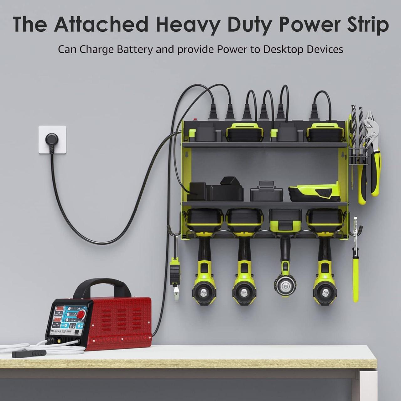 Alt view image 3 of 7 - Modular Power Tool Organizer Wall Mount with Charging Station. Garage 4 Drill Storage Shelf with Hooks, Screwdriver, Drill Bit Heavy Duty Rack, Tool Battery Holder Built in 8 Outlet Power Strip. Green