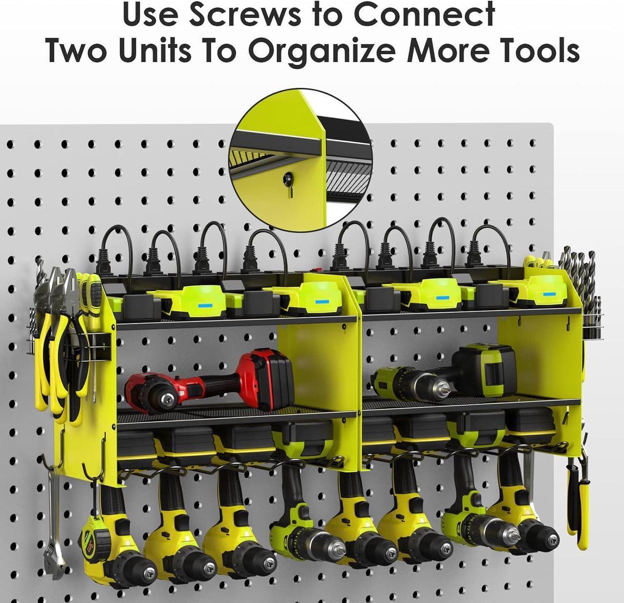 Alt view image 6 of 7 - Modular Power Tool Organizer Wall Mount with Charging Station. Garage 4 Drill Storage Shelf with Hooks, Screwdriver, Drill Bit Heavy Duty Rack, Tool Battery Holder Built in 8 Outlet Power Strip. Green