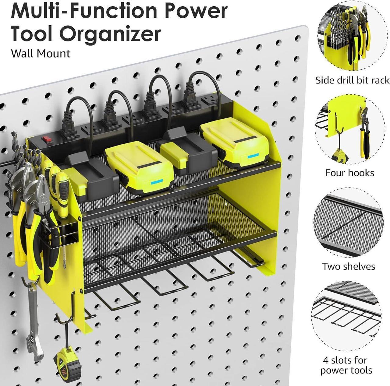 Alt view image 5 of 7 - Modular Power Tool Organizer Wall Mount with Charging Station. Garage 4 Drill Storage Shelf with Hooks, Screwdriver, Drill Bit Heavy Duty Rack, Tool Battery Holder Built in 8 Outlet Power Strip. Green