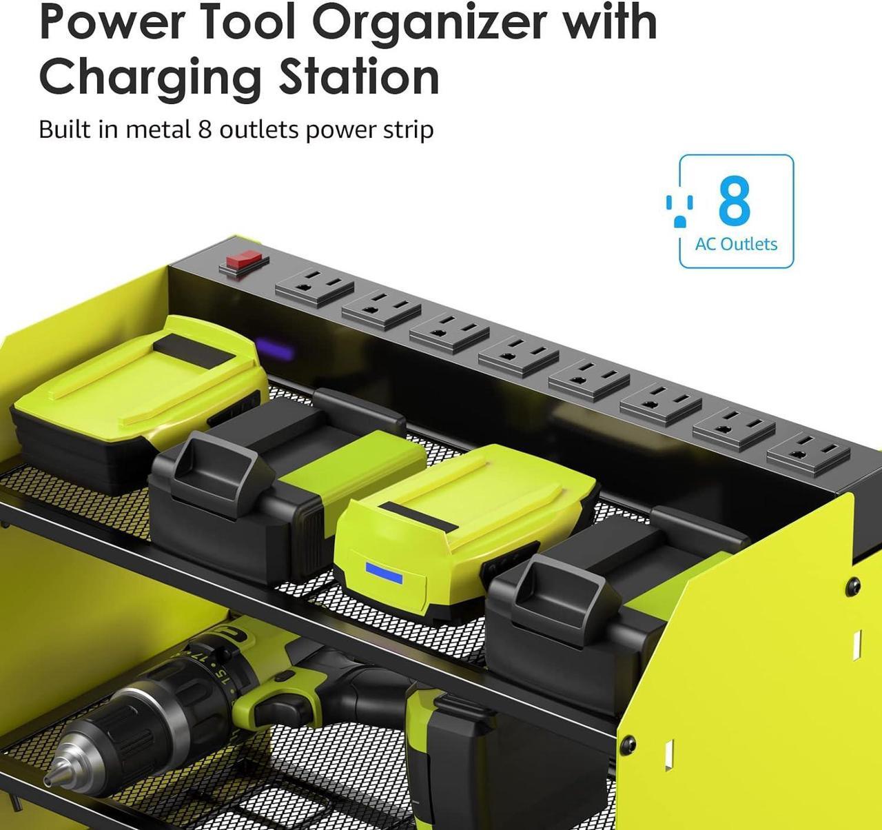 Alt view image 2 of 7 - Modular Power Tool Organizer Wall Mount with Charging Station. Garage 4 Drill Storage Shelf with Hooks, Screwdriver, Drill Bit Heavy Duty Rack, Tool Battery Holder Built in 8 Outlet Power Strip. Green