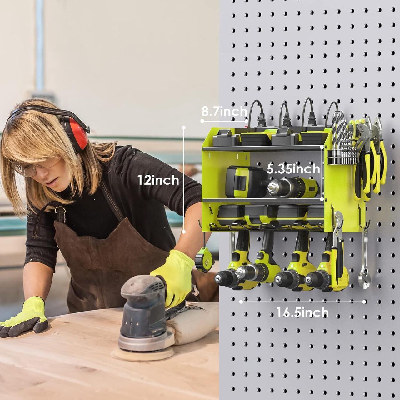 Main image of Modular Power Tool Organizer Wall Mount with Charging Station. Garage 4 Drill Storage Shelf with Hooks, Screwdriver, Drill Bit Heavy Duty Rack, Tool Battery Holder Built in 8 Outlet Power Strip. Green