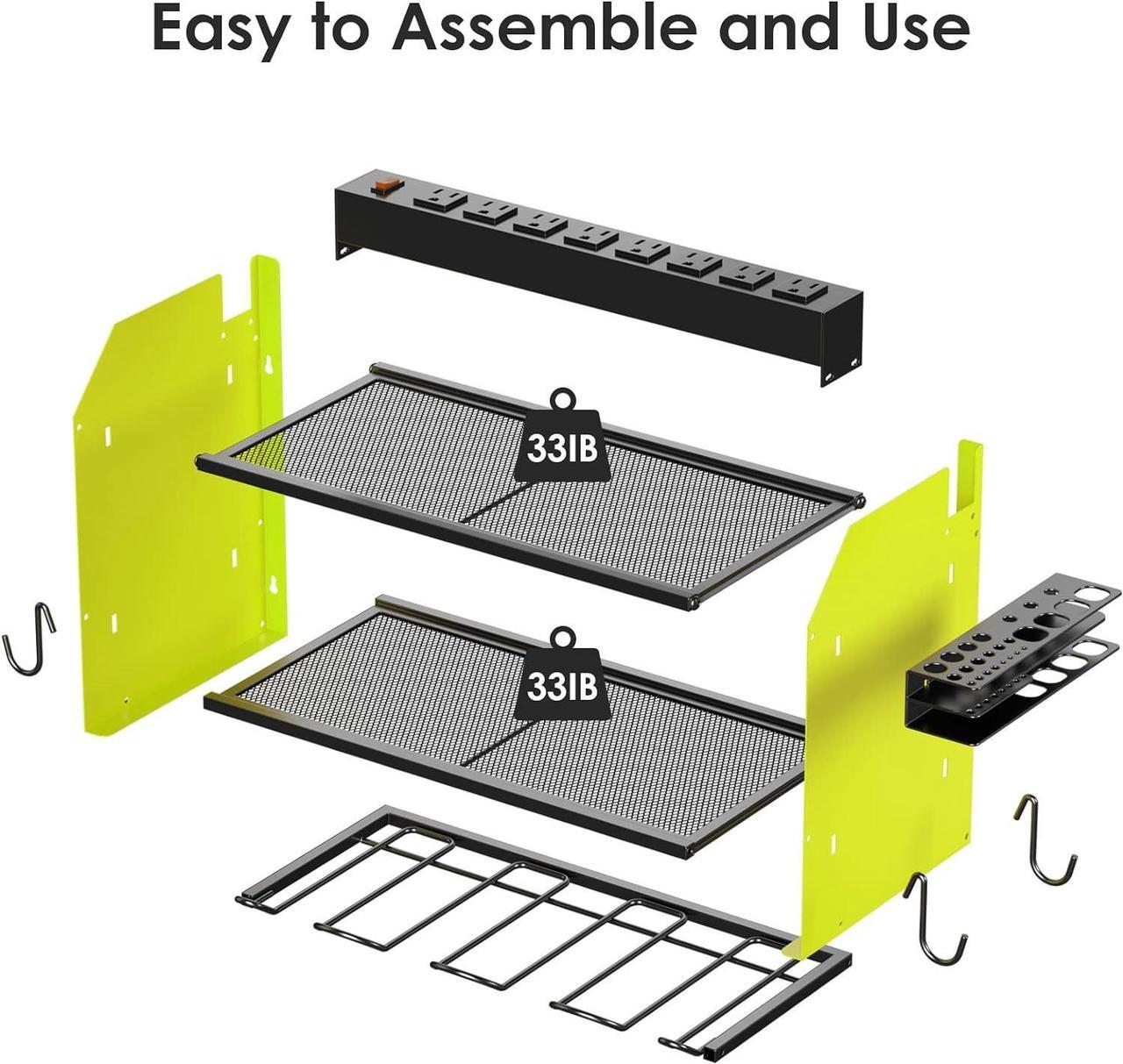 Alt view image 7 of 7 - Modular Power Tool Organizer Wall Mount with Charging Station. Garage 4 Drill Storage Shelf with Hooks, Screwdriver, Drill Bit Heavy Duty Rack, Tool Battery Holder Built in 8 Outlet Power Strip. Green
